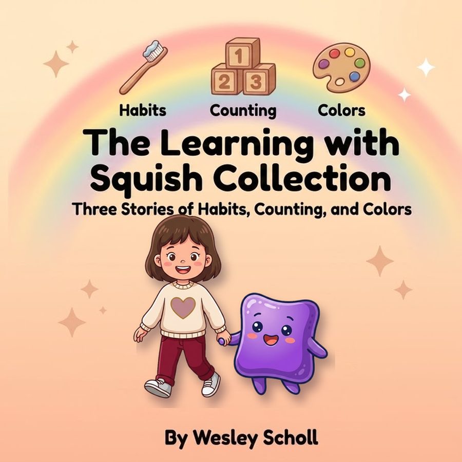 The Learning with Squish Collection: Lilyan and Squish holding hands under a rainbow